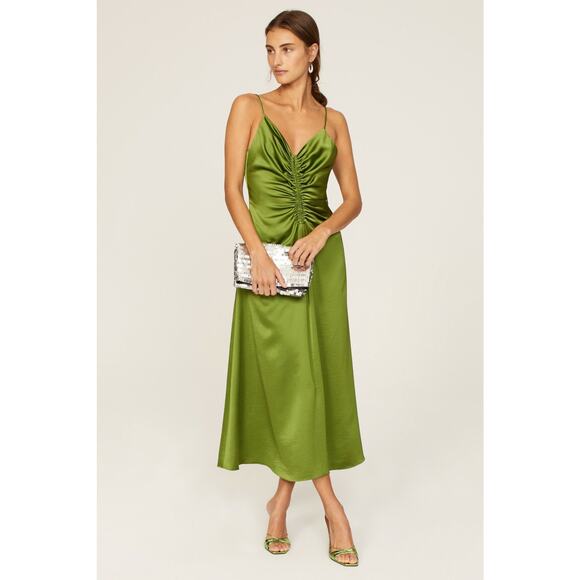 SANDRO Green Satin V-Neck Slip Style Ruched Hourglass Zola Dress Size US 8 - Picture 1 of 13